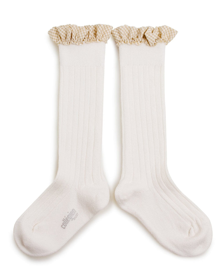 Little collegien accessories gingham ruffle knee highs in blanc neige