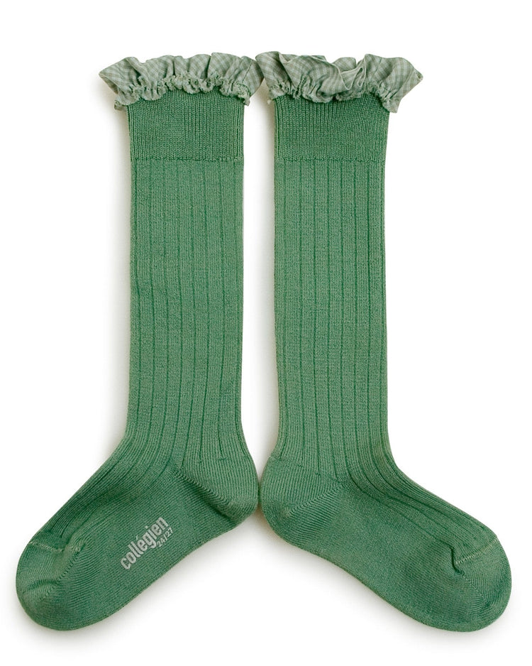 Little collegien accessories gingham ruffle knee highs in céladon