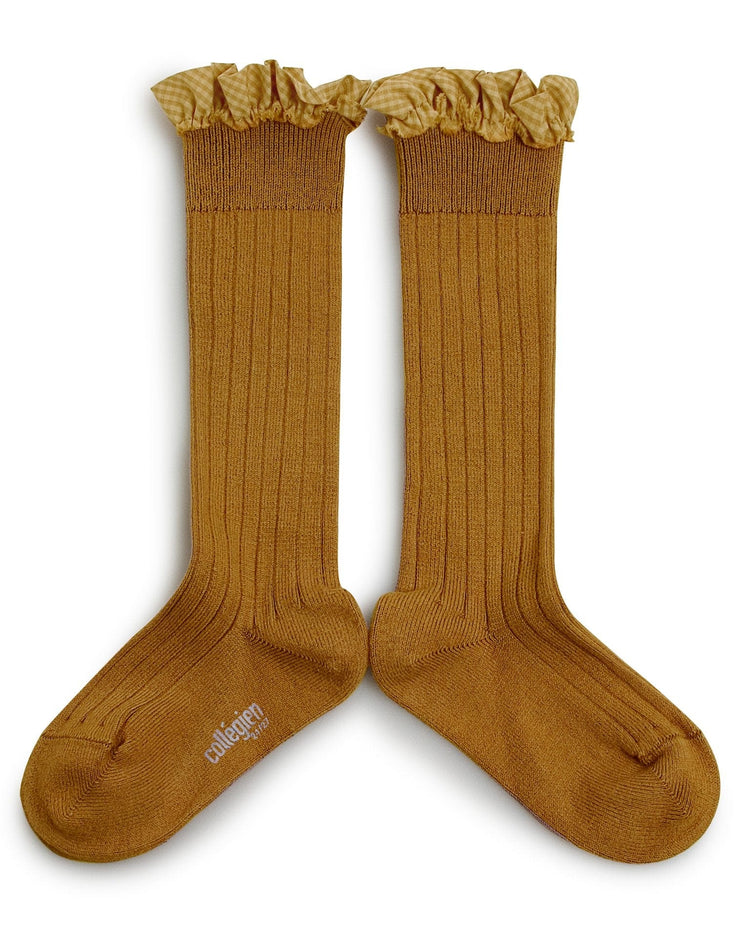 Little collegien accessories gingham ruffle knee highs in moutarde de dijon