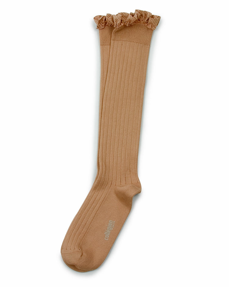 Little collegien accessories gingham ruffle knee highs in petite taupe