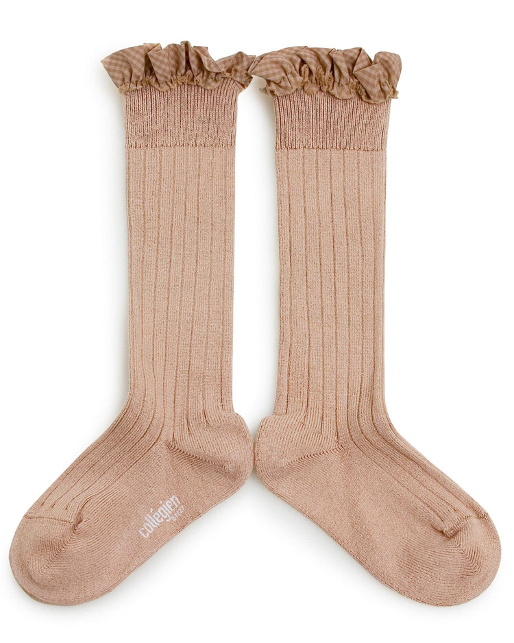 Little collegien accessories gingham ruffle knee highs in vieux rose