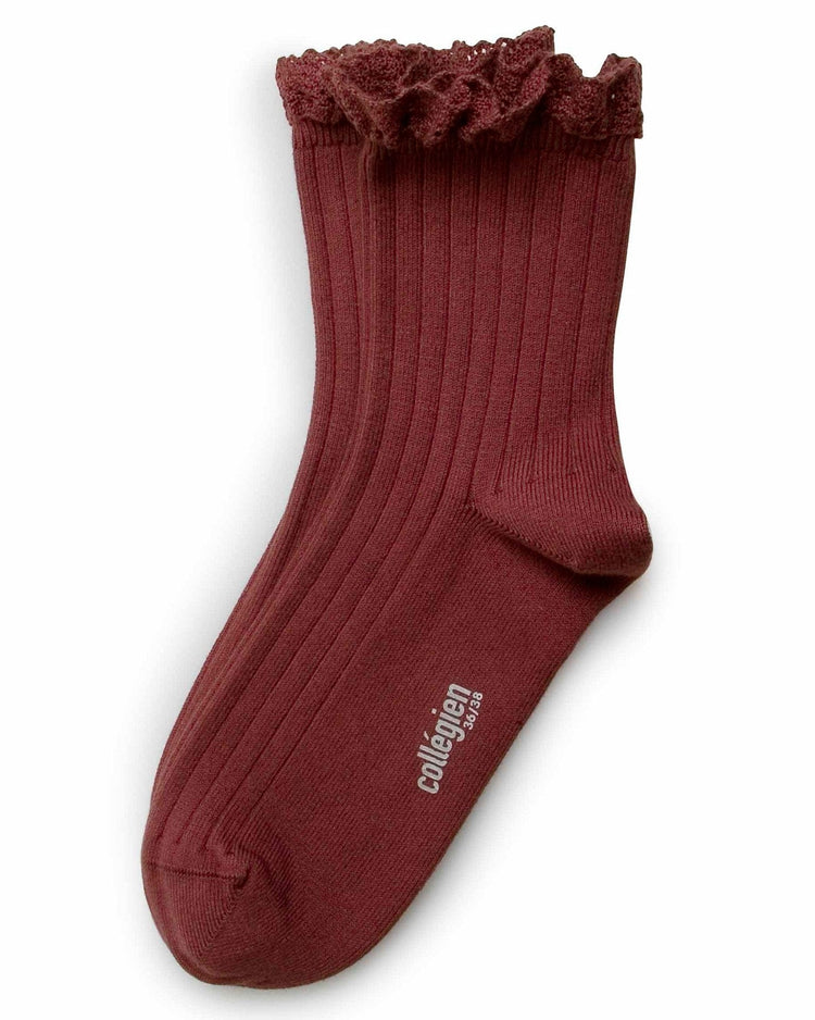 Little collegien accessories ruffle trim ankle socks in châtaigne