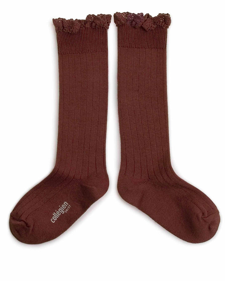 Little collegien accessories ruffle trim knee high socks in châtaigne