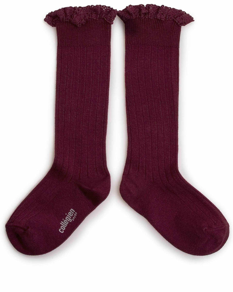 Little collegien accessories ruffle trim knee high socks in framboise
