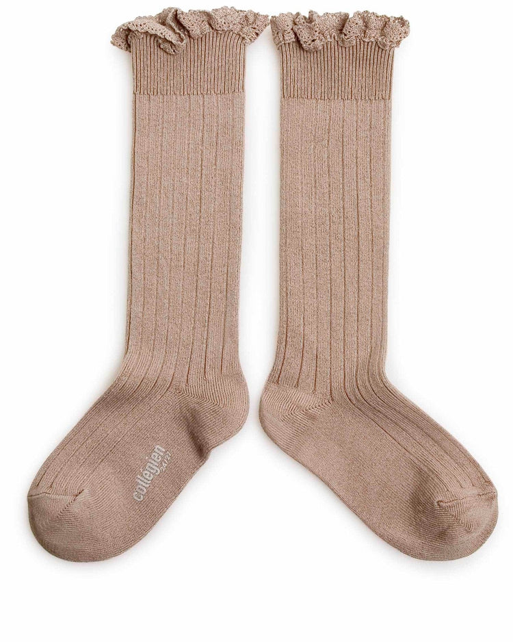 Little collegien accessories ruffle trim knee high socks in petite taupe