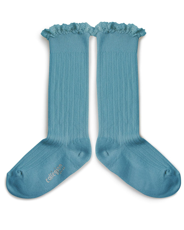 Little collegien accessories ruffle trim knee highs in bleu azur