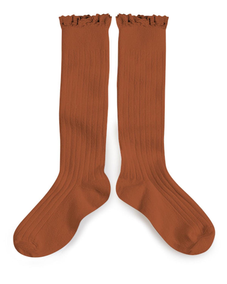 Little collegien accessories 18/20 ruffle trim knee socks in pain d'epice