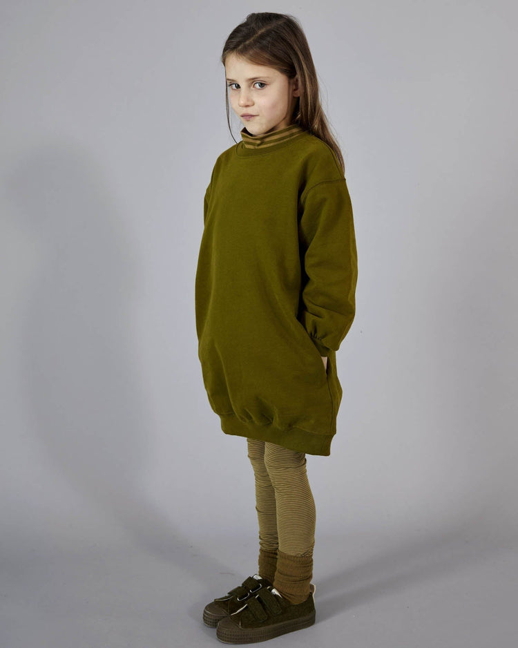 Little gray label kids dropped shoulder dress in olive green