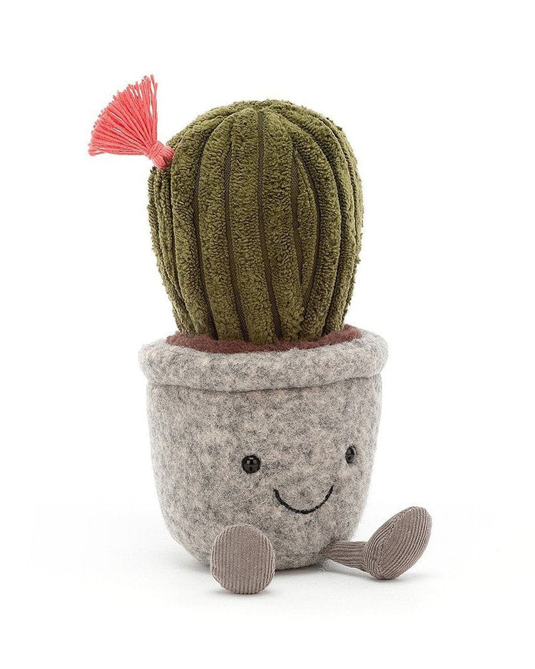 A Jellycat silly succulent cactus sitting in a pot on a white background.