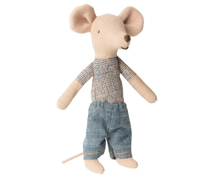 A maileg big brother mouse in matchbox wearing blue jeans and a plaid shirt, resting in a cozy matchbox bedding.