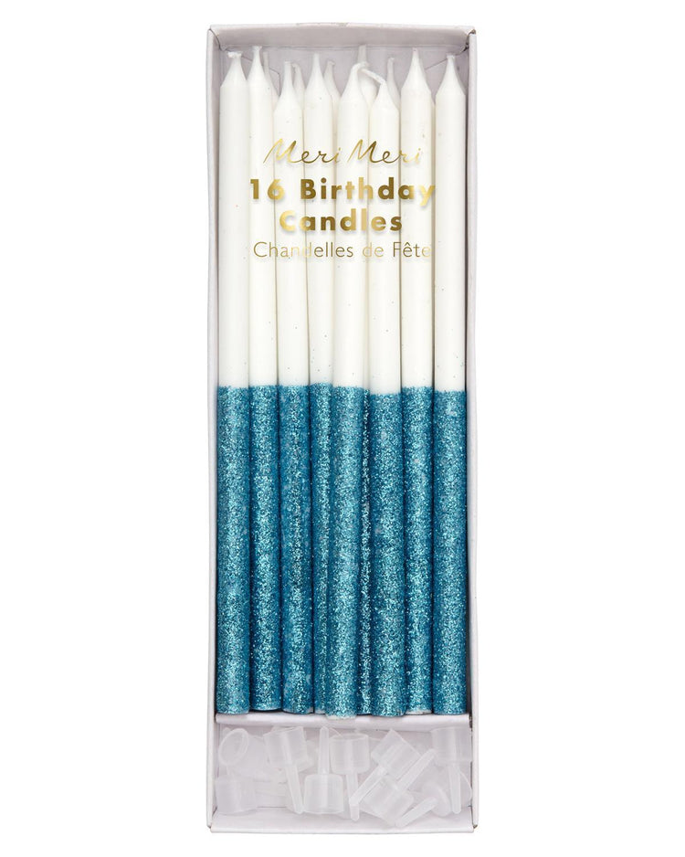meri meri glitter dipped candles in blue party Little