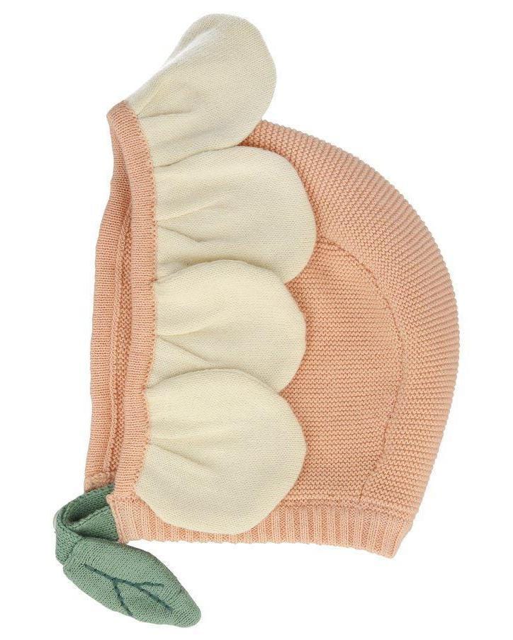 A peach daisy baby bonnet from meri meri with a petal detail and flower design.