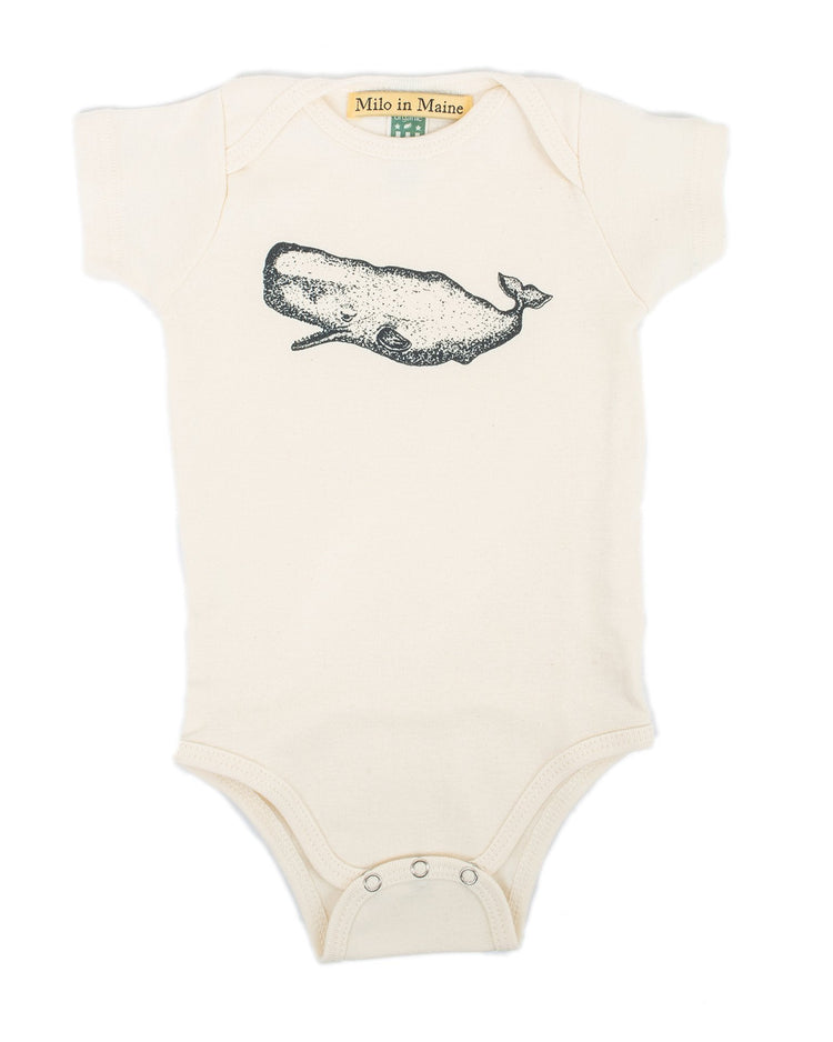 Little milo in maine baby boy whale onesie in natural + navy