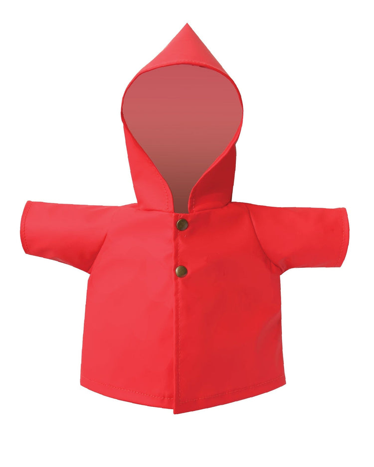 The dinkum dolls ahoy raincoat in red is a small, waterproof doll raincoat with a hood and two metallic buttons, shown on a white background. Perfectly sized for 14 inch dolls or as a cheerful Dinkum Doll Raincoat.