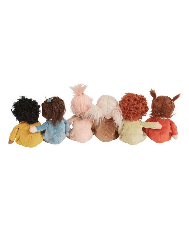 Six dinkum dolls Dinky Dinkums Pippa Pineapple plush sit in a row, their backs turned and some with arms around each other—showcasing different hair colors and styles. Perfect for any limited-edition collection.