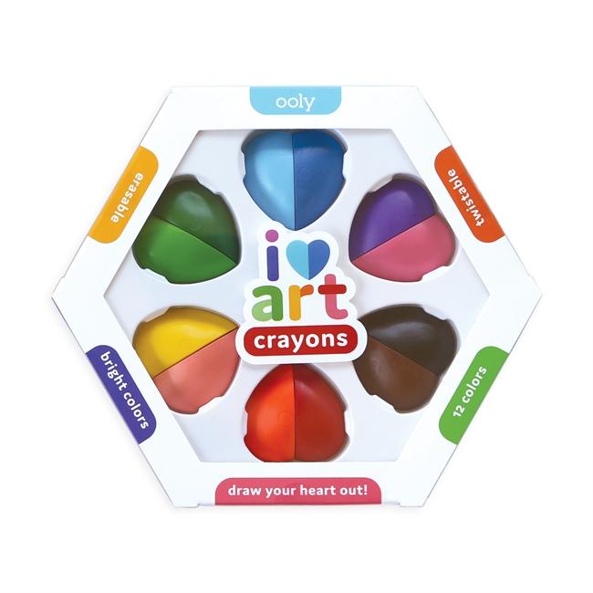 Heart-shaped crayons in a variety of bright colors packaged in a hexagonal box with the phrase "i heart art erasable crayons" printed on it by ooly.