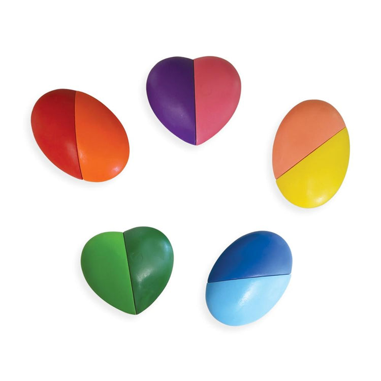 Colorful two-piece heart and oval shapes that fit together to form complete shapes, including bright colors and i heart art erasable crayons - set of 6.