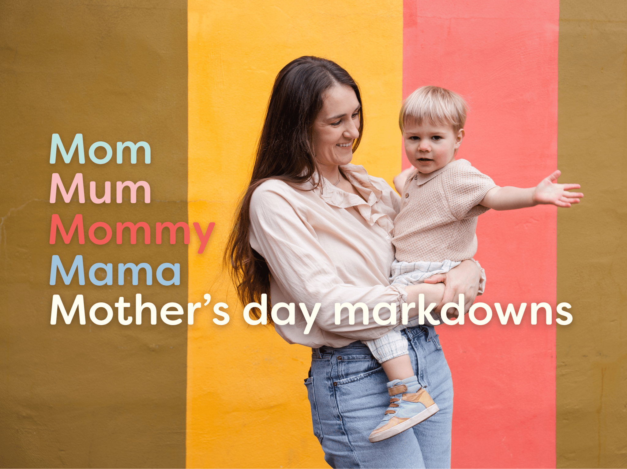 A smiling woman lifts a happy baby in the air. Text reads 20% Off Select Clothing on a pink background with colorful confetti dots surrounding them.