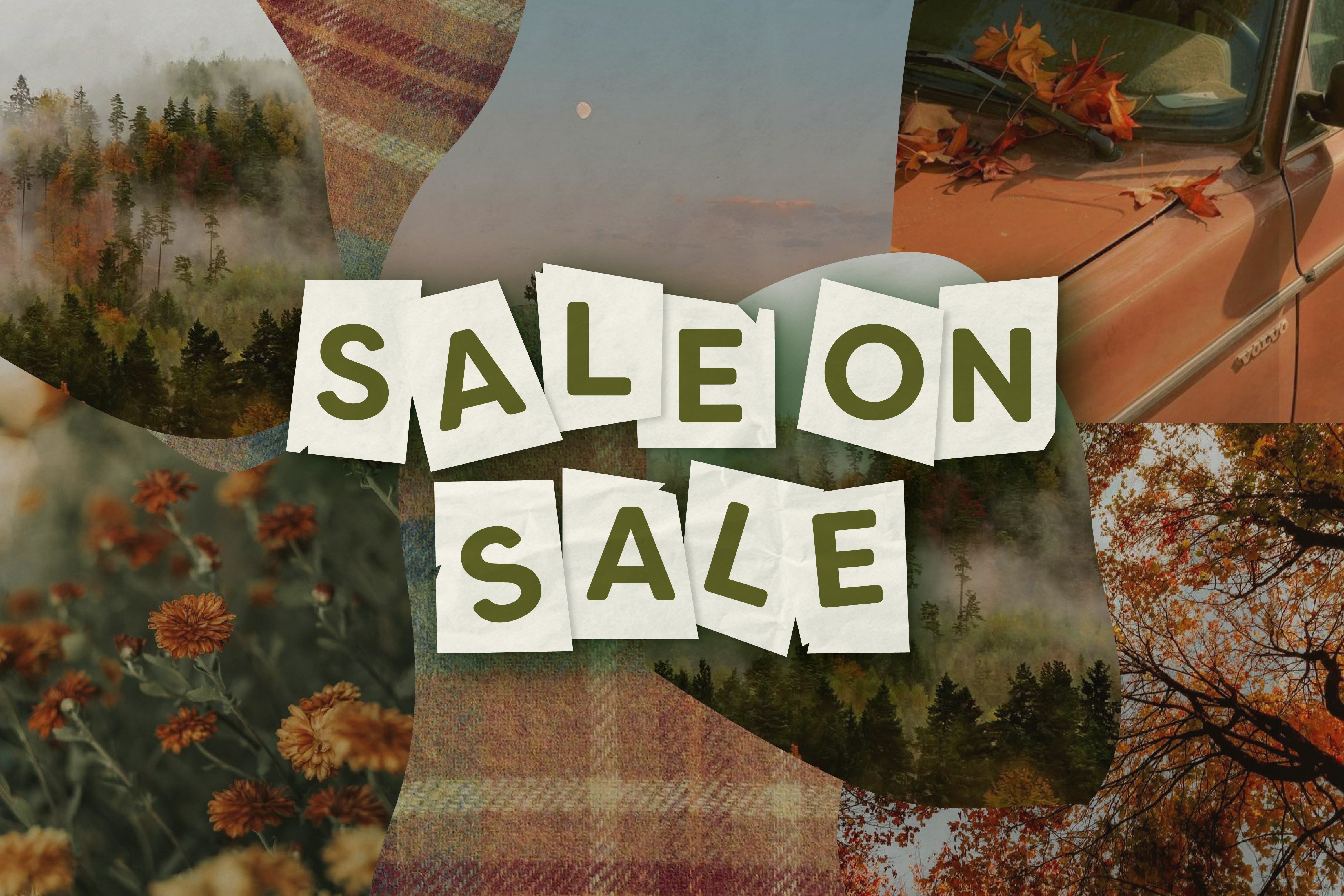 A collage with a lighthouse, seagulls, and a sailboat, featuring bold text on note cards that reads SALE ON SALE across the center.