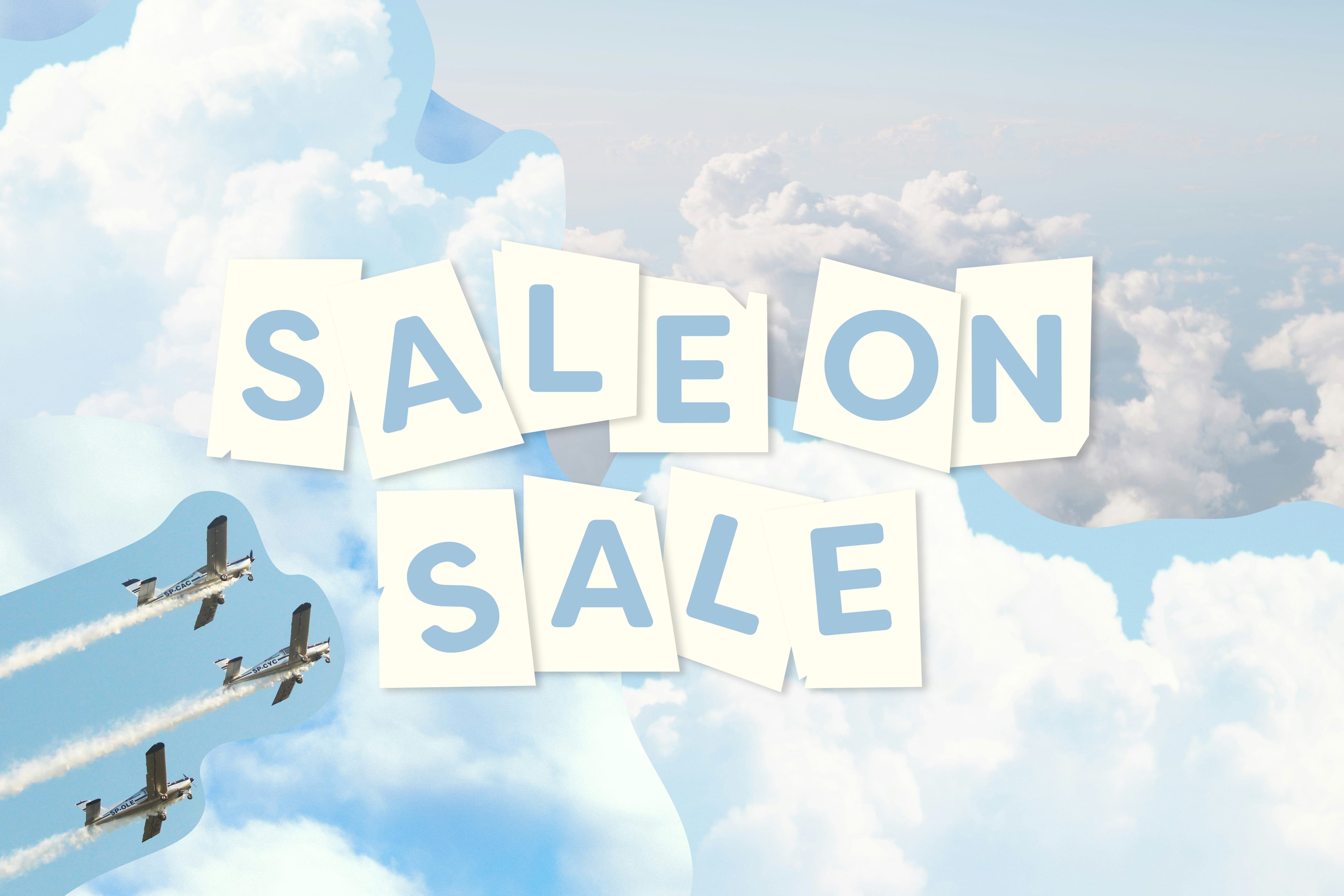A collage with a lighthouse, seagulls, and a sailboat, featuring bold text on note cards that reads SALE ON SALE across the center.