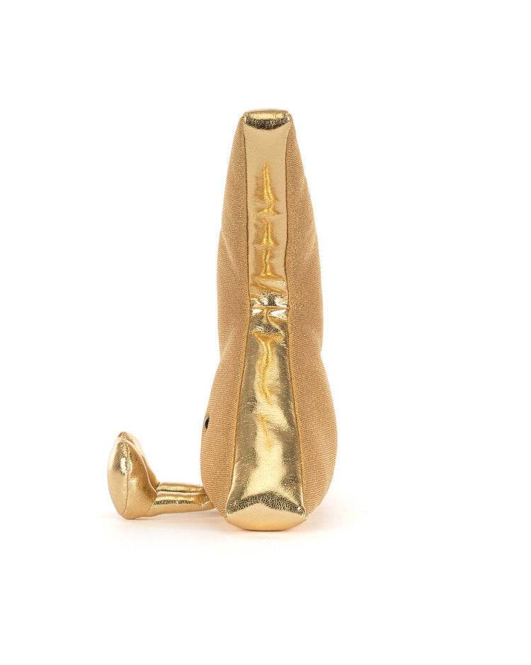 The Jellycat Amuseables Zapperty Lightning Bolt plush toy sits upright with gold metallic accents on its ears, tail, and back, displayed against a white background.