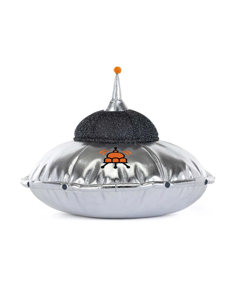The amuseables jellysaucer by Jellycat is a plush UFO with a silver body, black glittery dome, orange top ball, and cute orange bug—an out-of-this-world gift for cosmic disco plush fans.