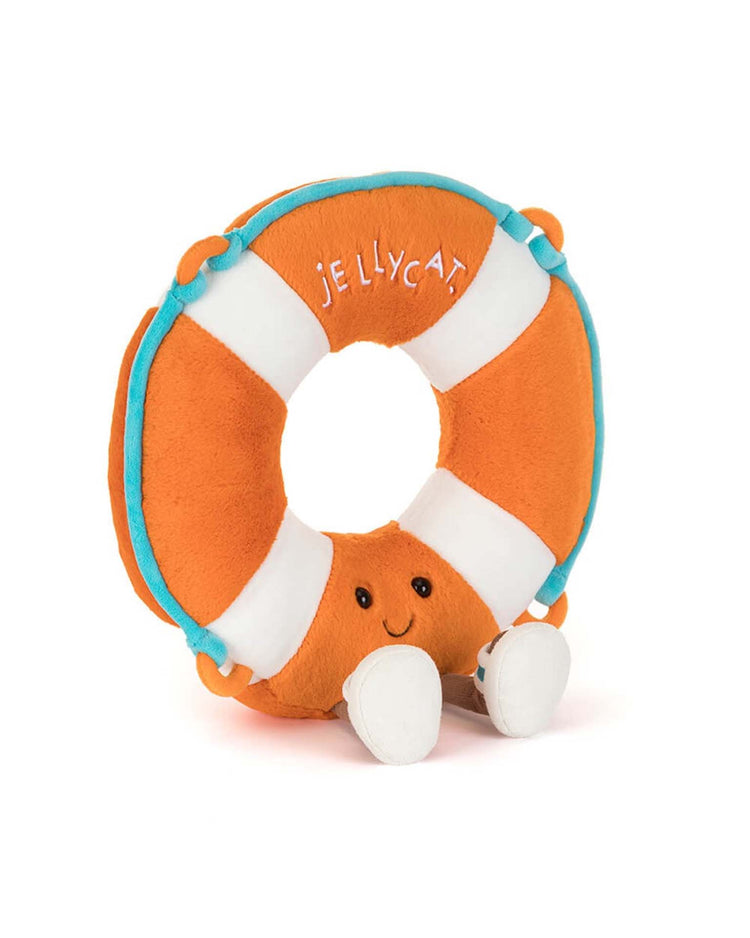The Jellycat Amuseables Life Ring is a plush toy shaped like an orange and white rescue float with blue trim, a smiling face, two white feet, and "Jellycat" embroidered on top.