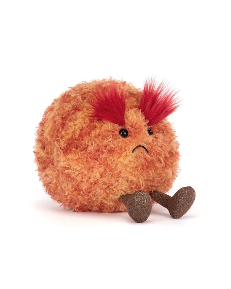 A round, orange Jellycat amuseables planet mars plush toy with red tufted eyebrows, small black eyes, a sad mouth, and brown fabric legs is displayed against a plain white background.
