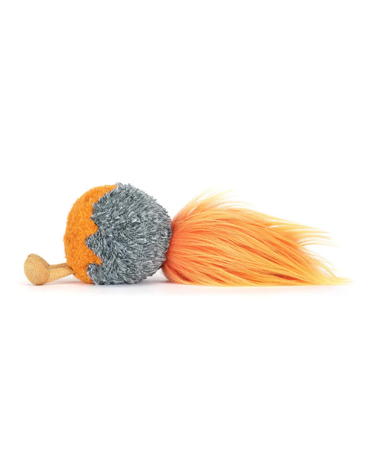 The Jellycat Amuseables Space Comet plush toy features an orange fuzzy body, gray furry middle, long orange and yellow tail, and a small tan nose—ideal for fans of the Amuseables Space Comet collection.