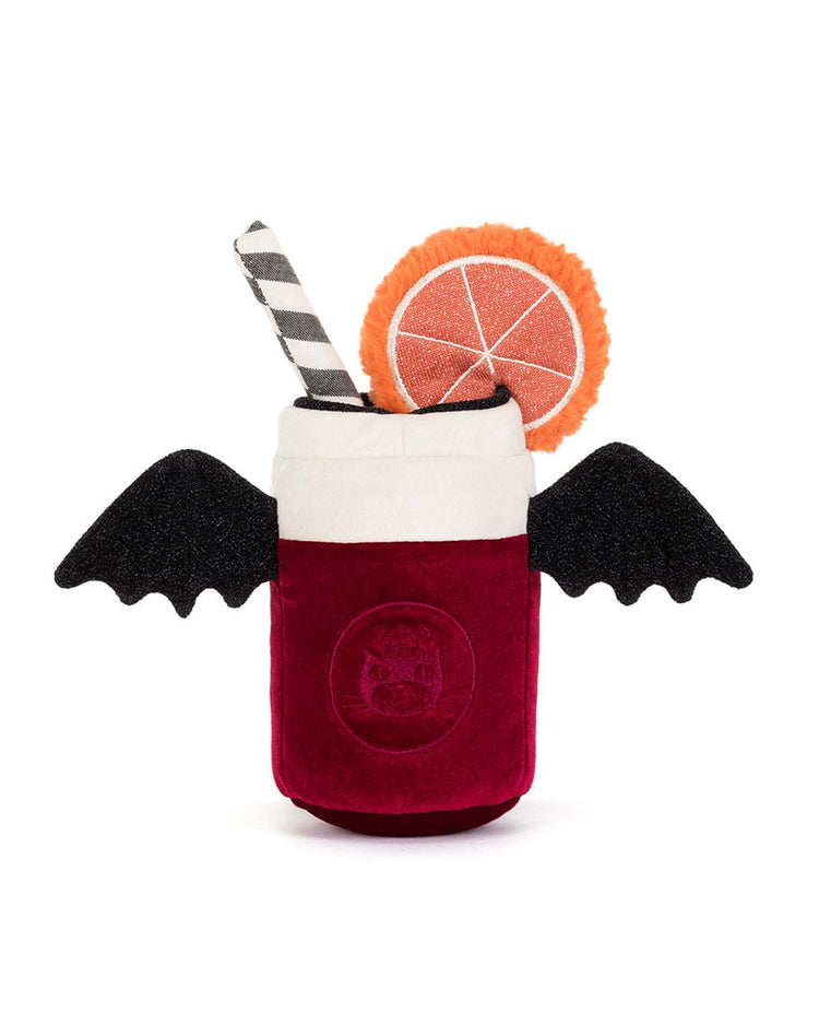 Jellycat’s Amuseables Vampop Drink is a plush toy designed as a red drink glass featuring black bat wings, a striped straw, and an orange slice on top, set against a white background—making it the perfect Halloween plush and an adorable Halloween gift.