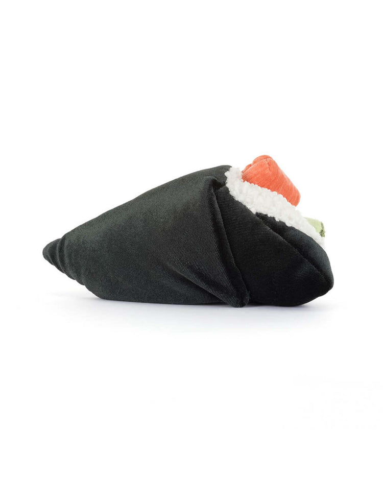 The Jellycat Amuseables Coneroi Temaki is a plush toy shaped like a sushi cone, with black seaweed, white rice, green filling, and orange fish—an ideal quirky gift for event coordinators or party planner assistants. Shown on a white background.