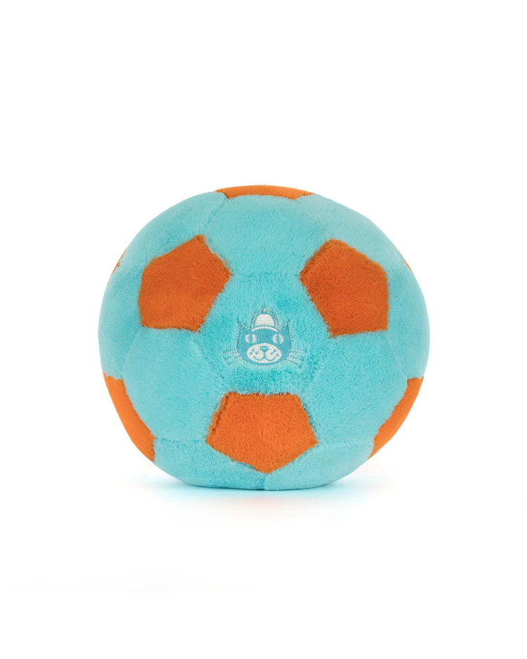 The amuseables jellycat soccer ball by Jellycat features light blue and orange panels with a small white embroidered graphic on the front, displayed against a plain white background—perfect for kids.