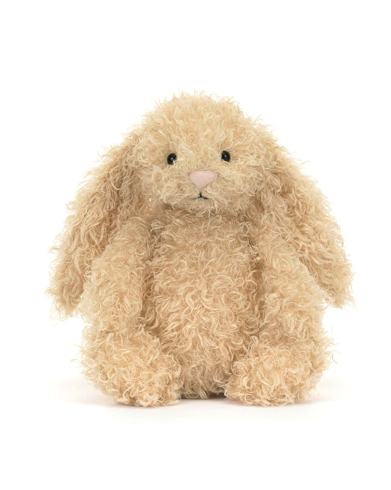 The jellycat bashful luxe bunny curly original plush, featuring long floppy ears, curly beige fur, and a fluffy cream bobtail, sits upright against a white background—perfect for cuddling.