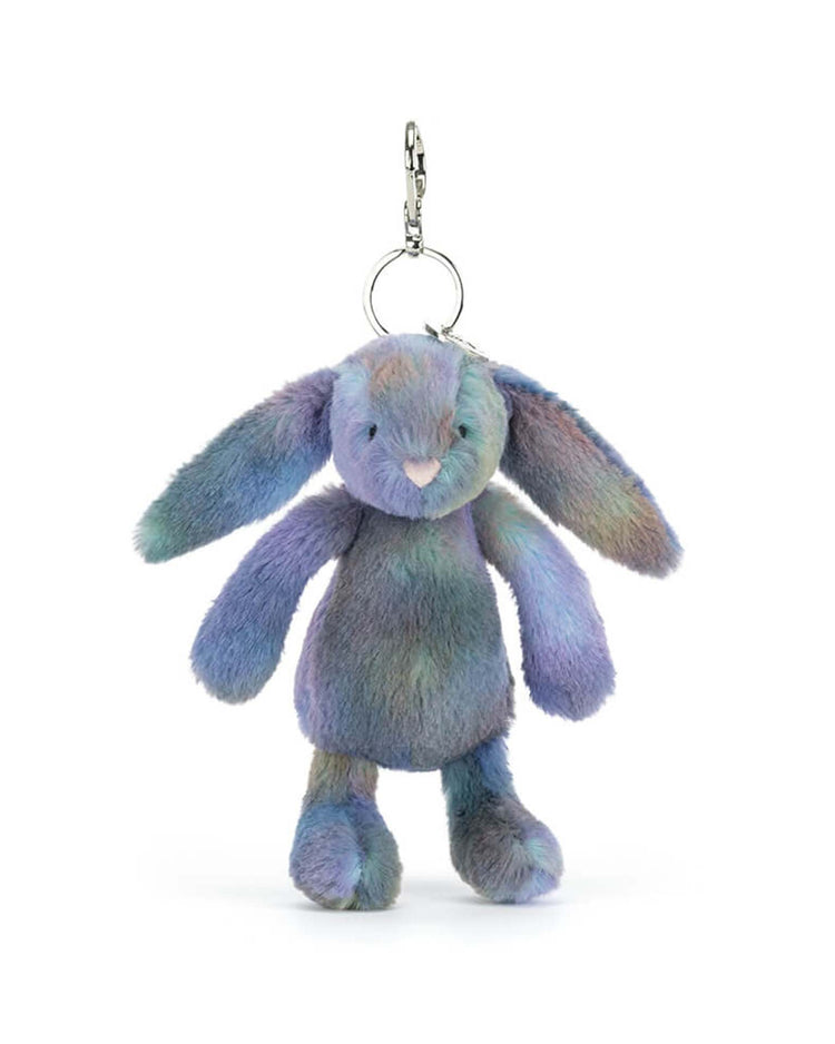Add a whimsical touch to your bag with the jellycat zodihop luxe bunny bag charm—featuring long floppy ears, multi-colored pastel blue, purple, and green fur, and a silver keyring.