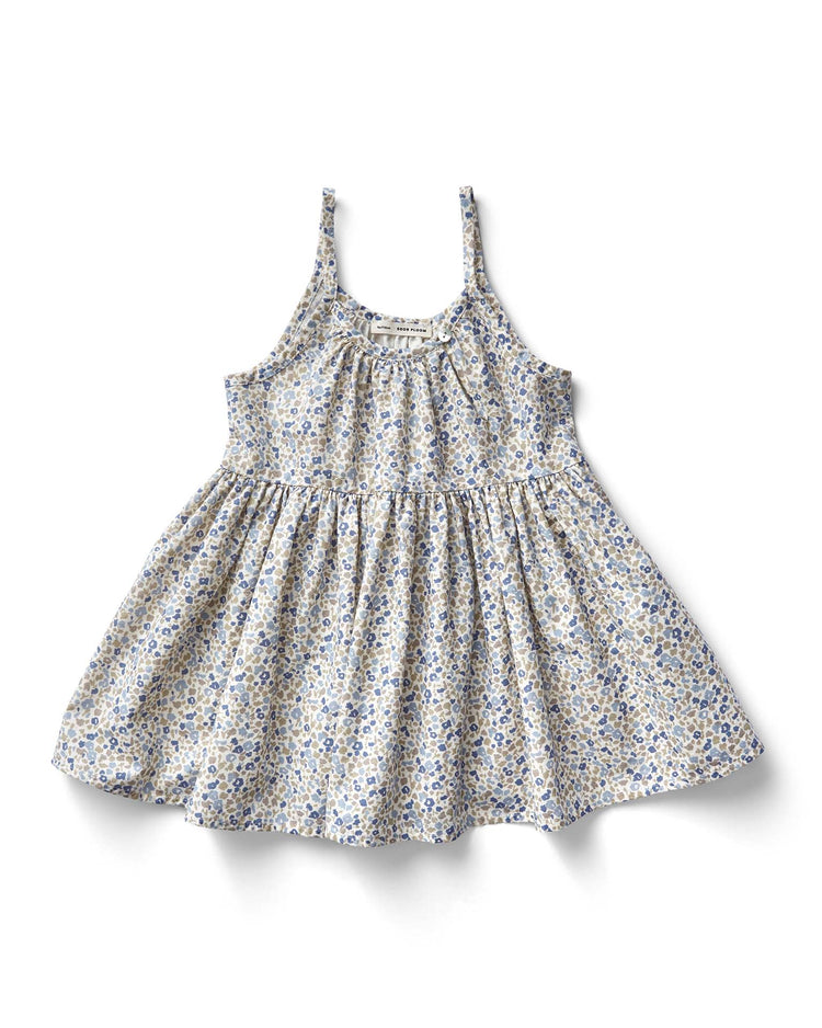 A sleeveless tunic with thin straps and a gathered waist, featuring Soor Ploom's delightful Birdie menagerie print in blueberry.