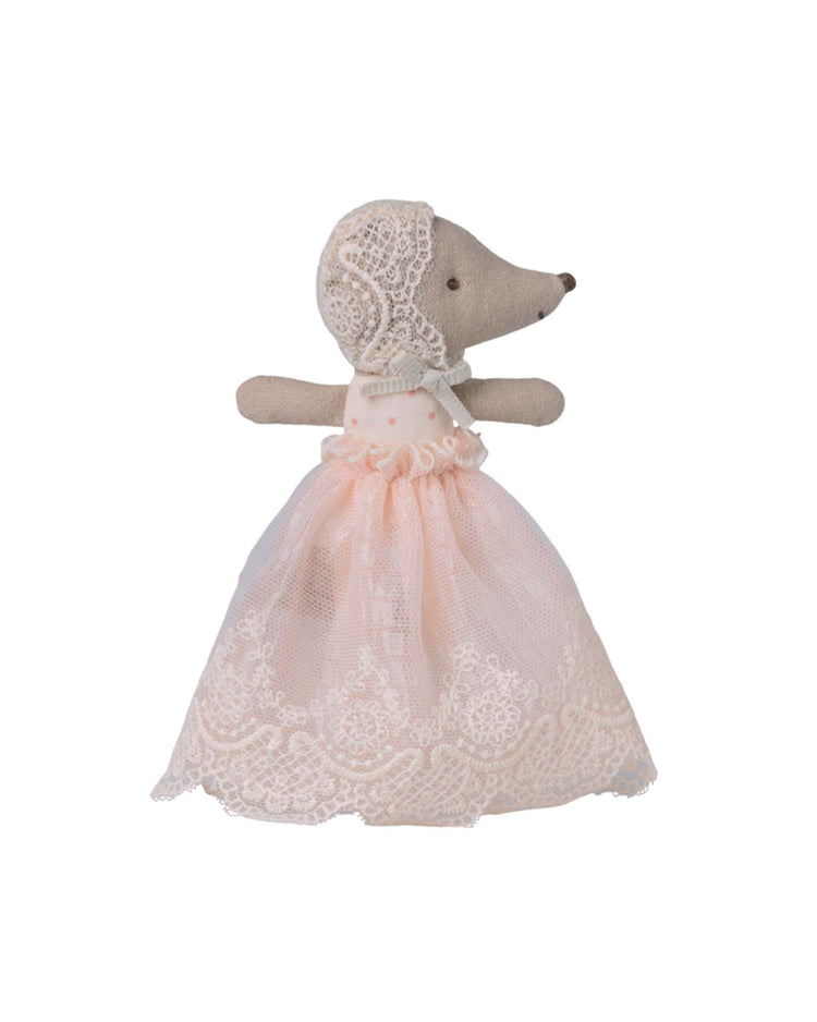 The maileg baby mouse in gown - powder features a delicate pink lace dress and matching bonnet, ideal for baby mouse accessories, displayed on a plain white background.