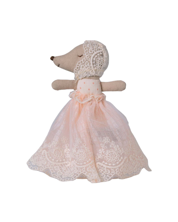 The maileg baby mouse in gown - powder stands upright in a pink lace celebration dress with matching bonnet on a white background—an adorable addition to any baby mouse accessories collection.