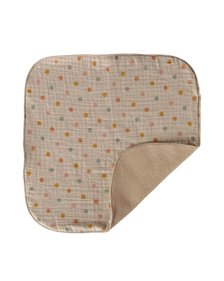 The maileg lullaby friends, bunny, mini - cream yellow is a square cuddle cloth with rounded corners and multicolored polka dots, plus a soft tan fleece underside—perfect as a cozy newborn gift.