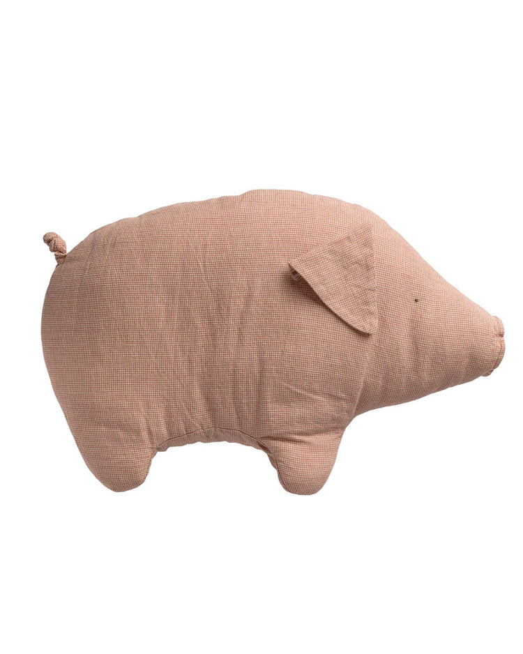 The large polly pork by maileg is a pig-shaped pillow crafted from light pink linen-cotton plush with a subtle checkered pattern and simple features for the snout, ear, and tail.