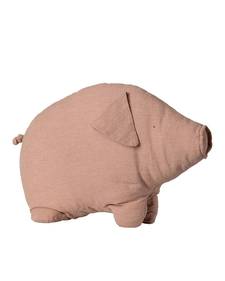 The Maileg large Polly Pork is a soft pig toy made from linen-cotton plush, featuring a light pink and white checkered pattern, floppy ears, curled tail, and four legs. It stands on a white background.