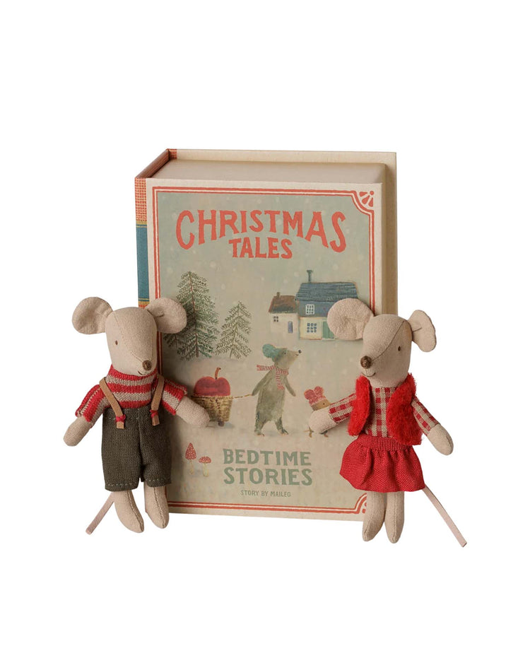 maileg christmas twin mice, little sister and brother in book play Little