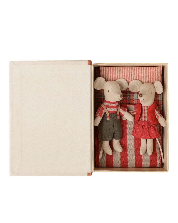 maileg christmas twin mice, little sister and brother in book play Little