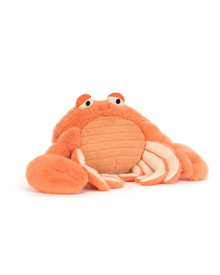 The jellycat pinchsnap crab is a plush stuffed animal with big white and orange eyes, large front claws, a soft textured body, and a beige underside—ideal for pillow testers or cuddle enthusiasts.