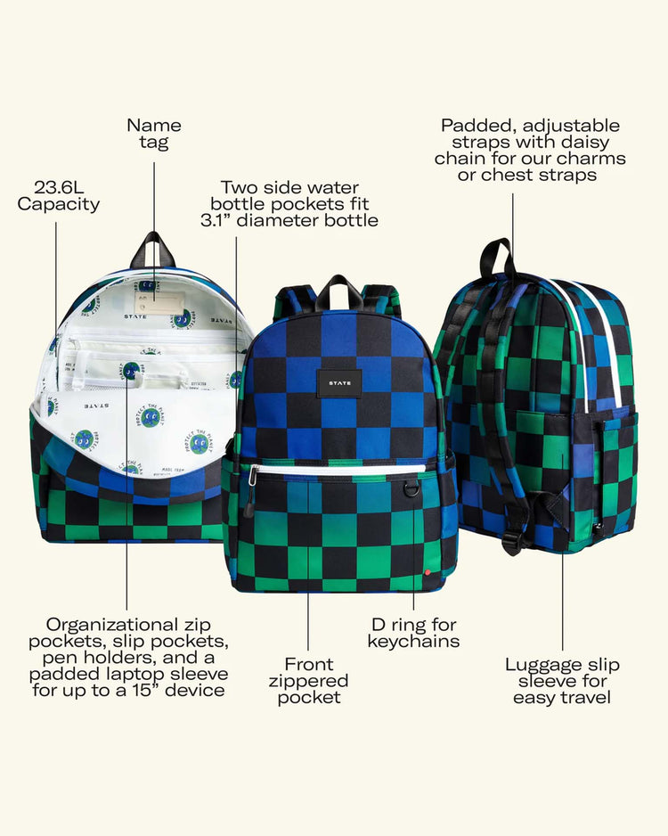 Three Kane Double Pocket Backpacks in Gradient Checkerboard by STATE Bags are displayed in blue, green, and black from multiple angles. Labeled features include water bottle pockets, zip pockets, laptop sleeve, padded straps, D-ring, and name tag—making them the ideal school backpacks for everyday use.