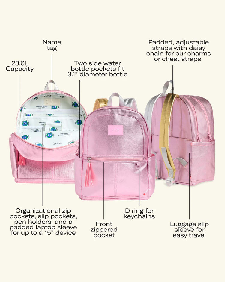 Three Kane Double Pocket Backpacks in pink from STATE Bags are displayed from the front, inside, and back, showcasing features such as padded straps, zippered pockets, water bottle holders, a laptop sleeve, and organizational compartments—making them an ideal kids' school backpack.