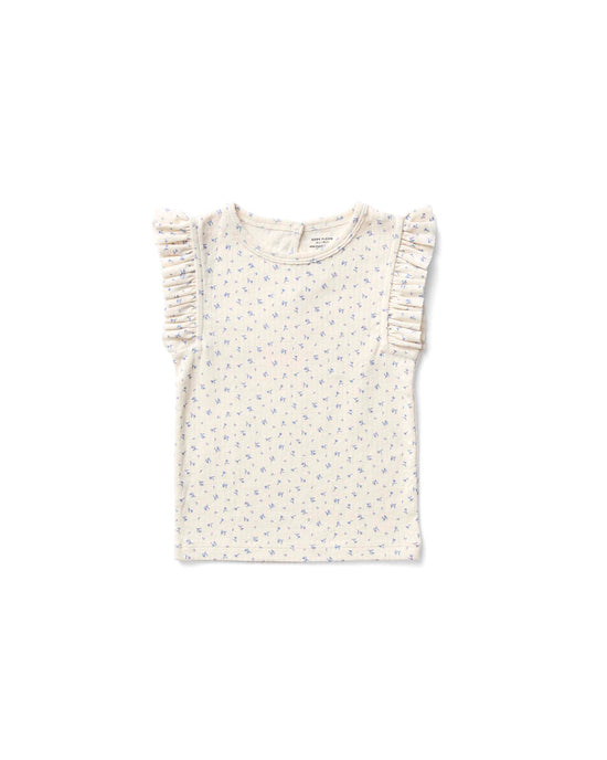 The blueberry-colored frill tee from Soor Ploom features a frolic print pointelle design with charming ruffled sleeves, perfect for children.