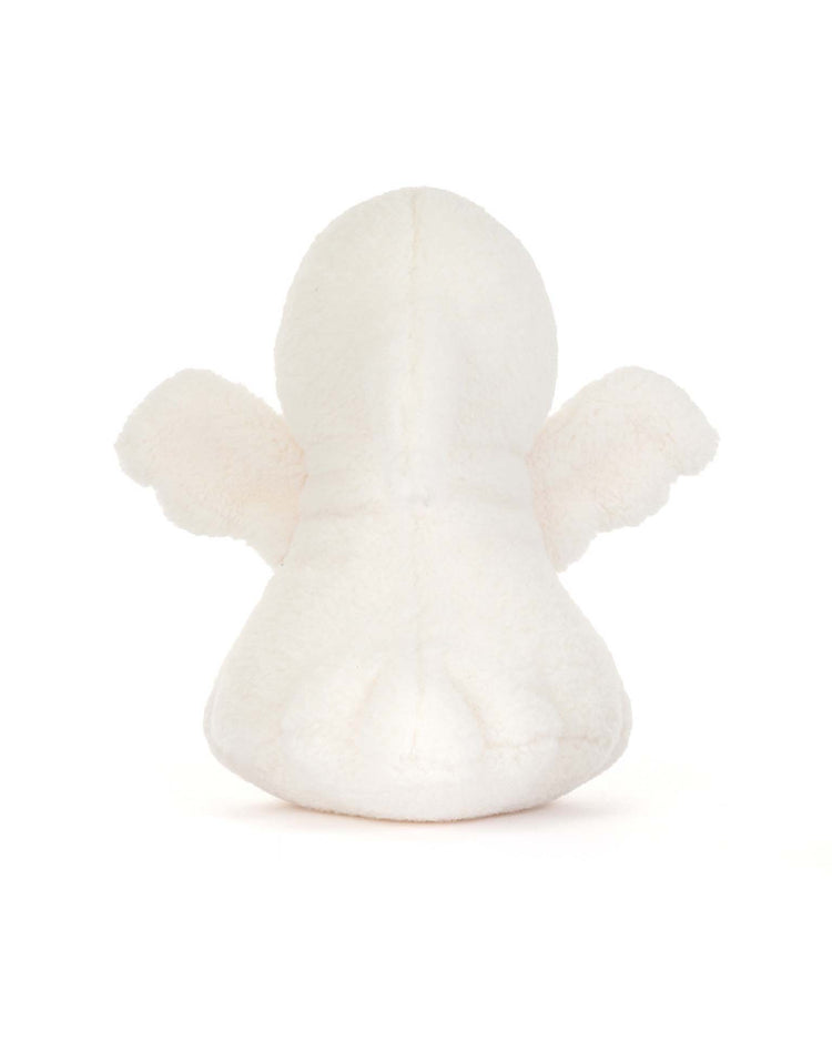 A soft, white plush toy from jellycat named ghost bob is shown from the back, featuring small wings and rounded features against a plain white background—this charming angel-shaped plush brings a whimsical spirit to any collection.