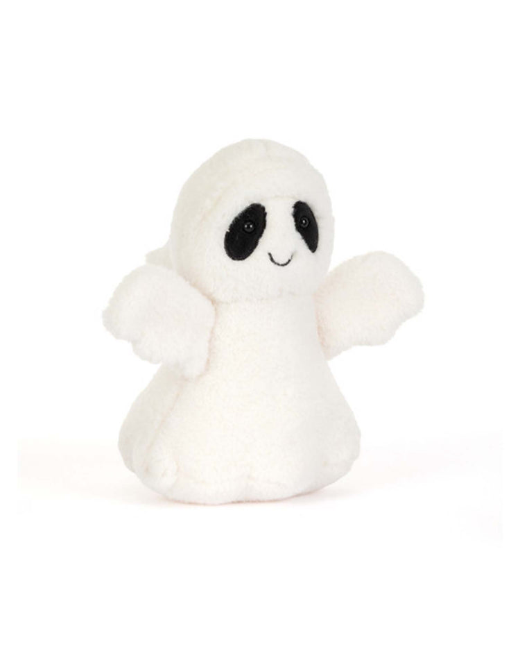 A soft, white plush toy from Jellycat, Ghost Bob features a classic ghost shape with black oval eyes, a small smile, and two outstretched arms. Perfect for your collection or as a unique dance floor companion, this adorable plush stands out against a plain white background.