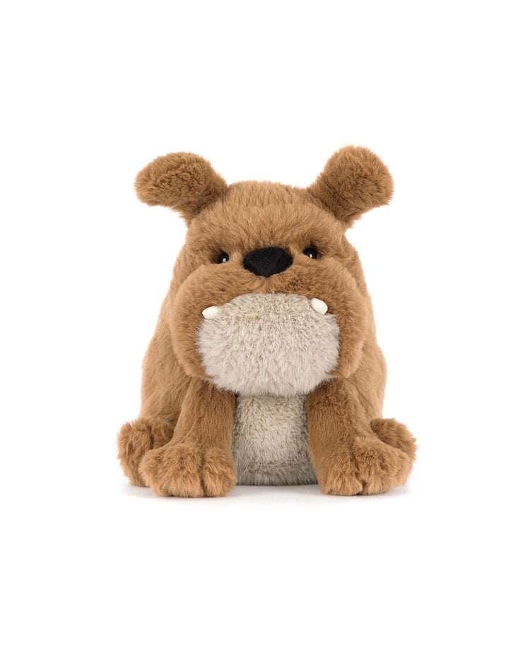 Meet Derreck Dog by Jellycat—a plush brown bulldog with white tusks, round ears, and a light belly. This friendly stuffed animal makes the perfect companion and is pictured sitting on a white background.