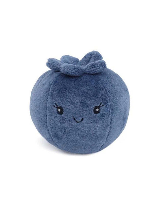 The mon ami blueberry scented plush toy is round and shaped like a blueberry, featuring a smiling face with small eyes. This soft plush is perfect for snuggling and makes an ideal gift for any occasion.